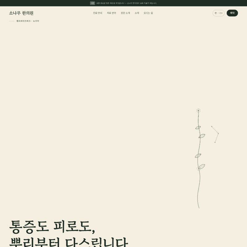 한의원 — 차분한 소나무빛으로 쉬어가는 한의원
